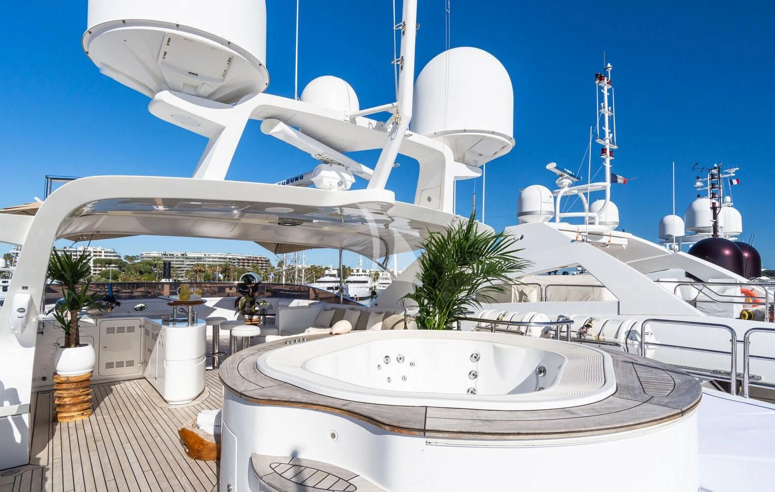 a large white boat with a white roof and a white dome on it aboard GIORGIA I Yacht for Sale