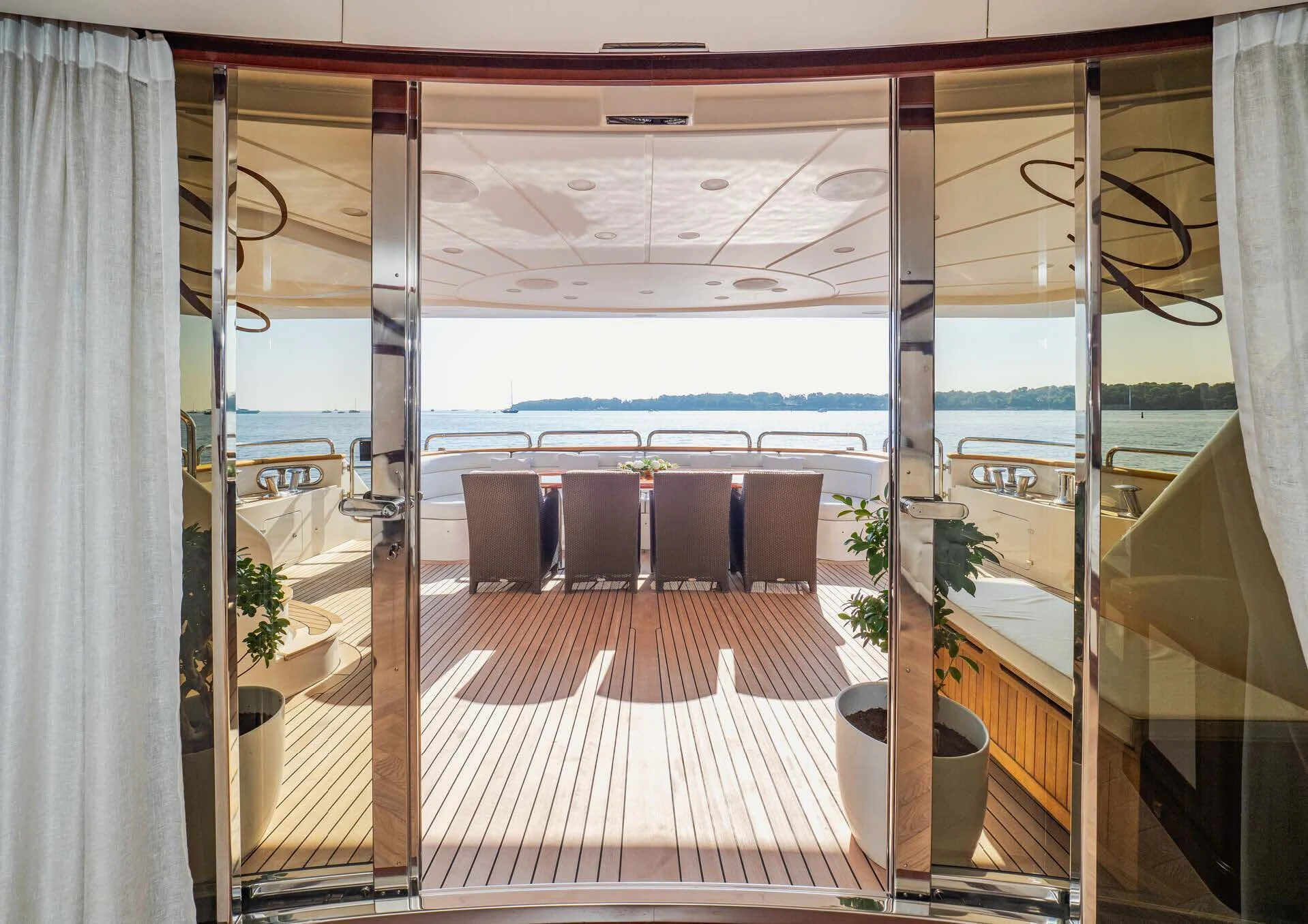 a long wooden walkway with a railing aboard GIORGIA I Yacht for Sale