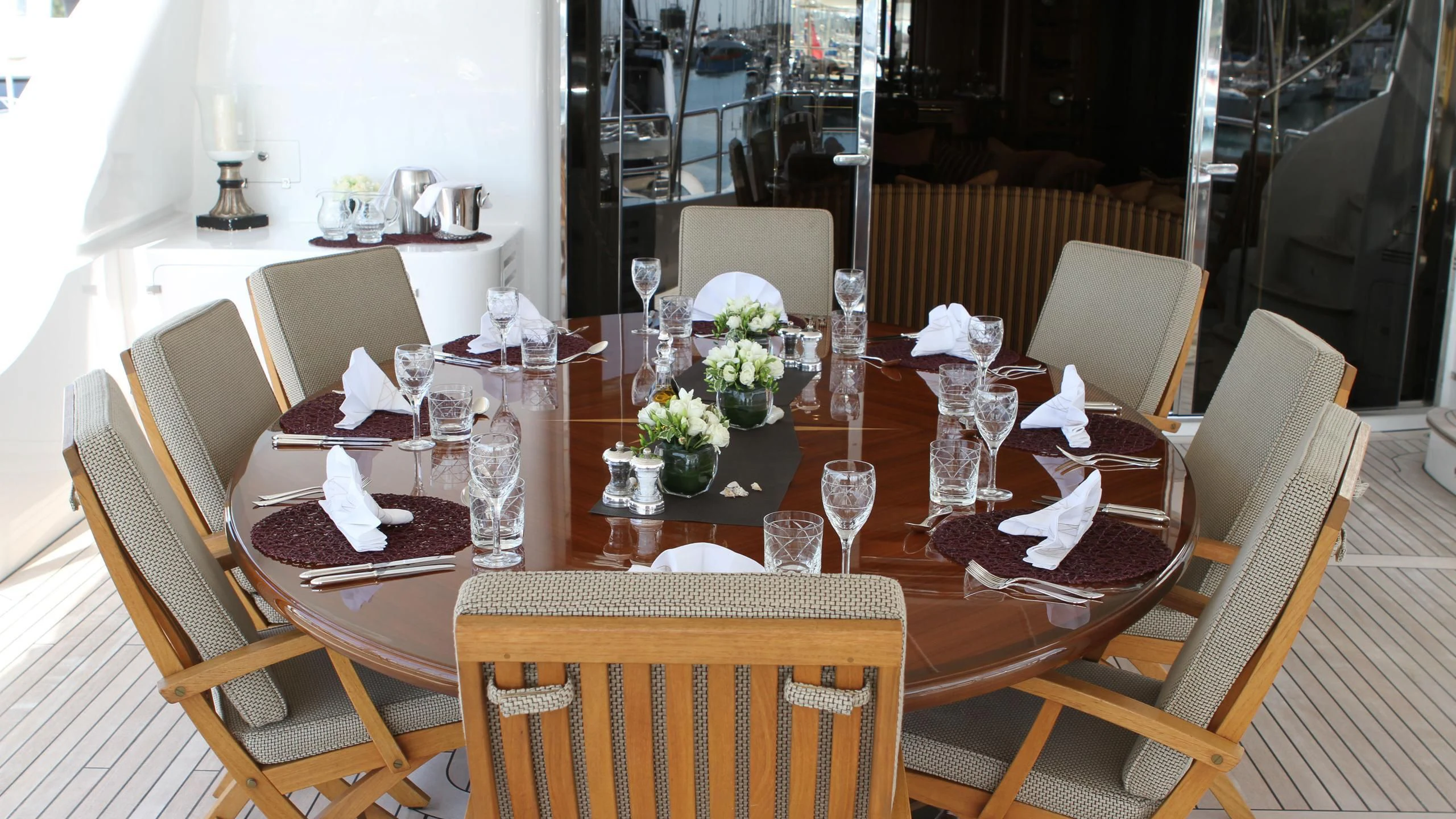 a table set with place settings aboard GIORGIA I Yacht for Sale