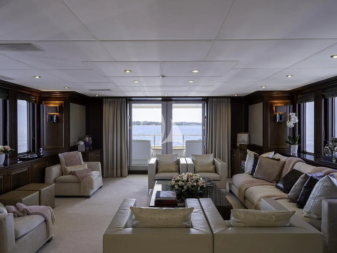 a living room with a large window aboard MY LITTLE VIOLET Yacht for Sale
