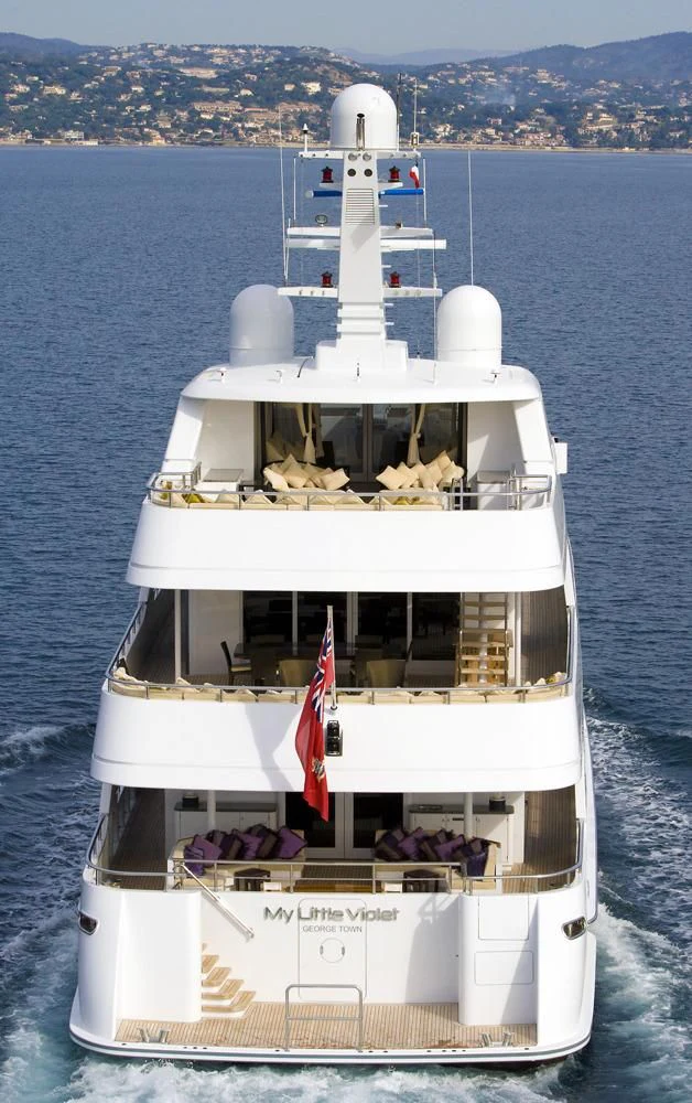 a boat with a large white tower aboard MY LITTLE VIOLET Yacht for Sale