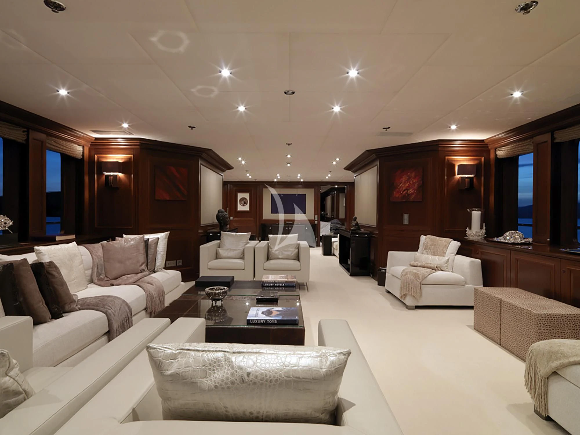 a living room with a large open floor plan aboard MY LITTLE VIOLET Yacht for Sale