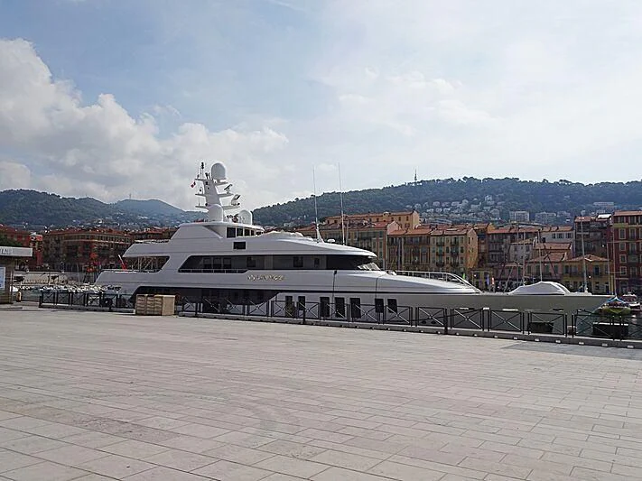 a large white building with a statue on top of it aboard MY LITTLE VIOLET Yacht for Sale