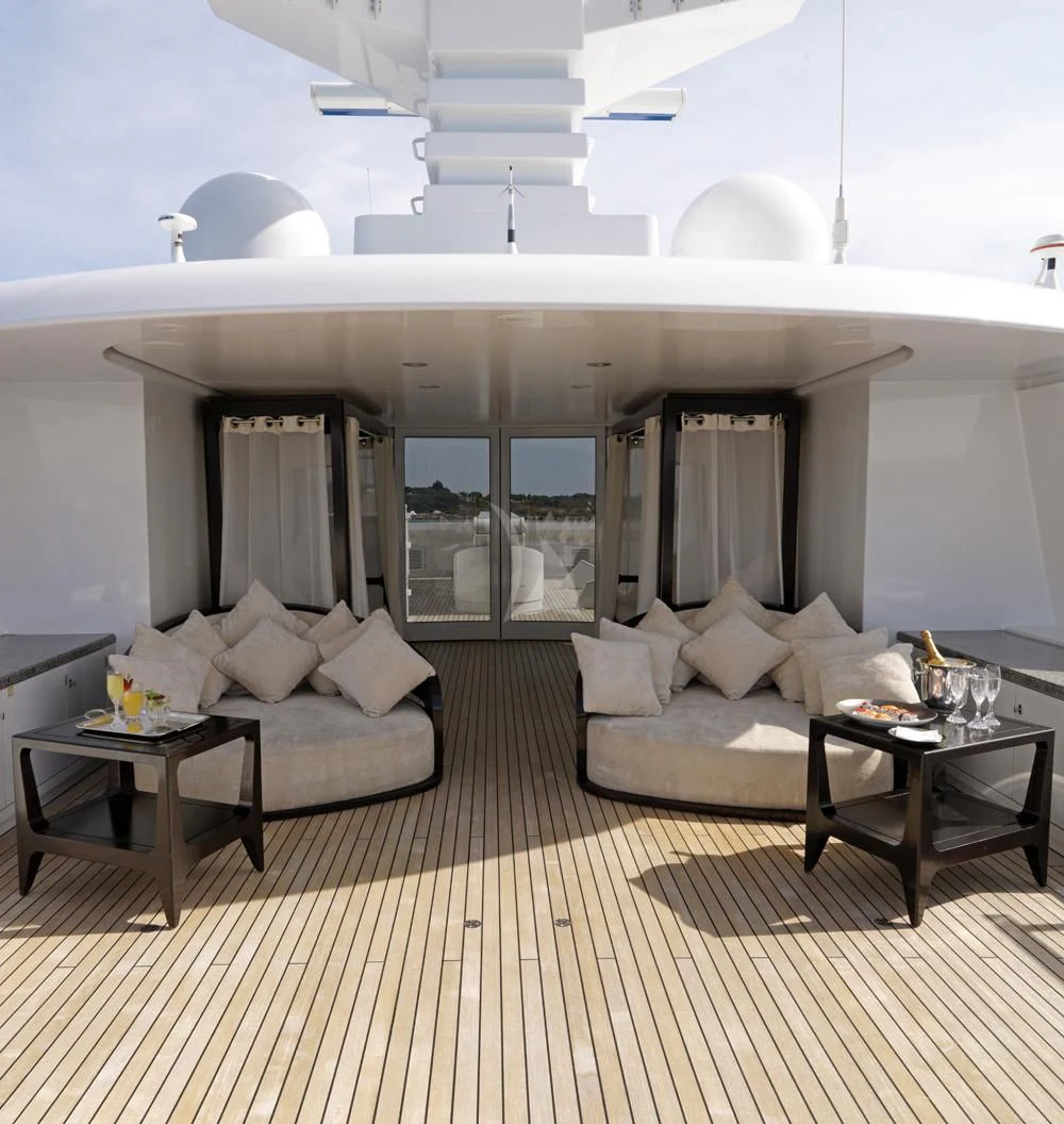 a living room with a large window aboard MY LITTLE VIOLET Yacht for Sale