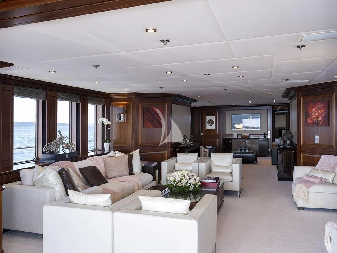 a living room with a large window aboard MY LITTLE VIOLET Yacht for Sale