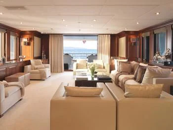 a living room with a large window aboard MY LITTLE VIOLET Yacht for Sale