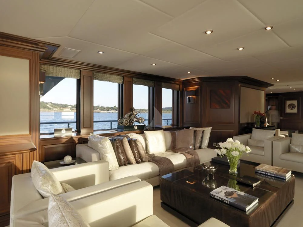 a living room with a large window aboard MY LITTLE VIOLET Yacht for Sale