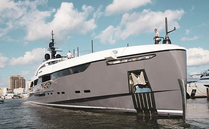a large white ship aboard UTOPIA IV Yacht for Sale