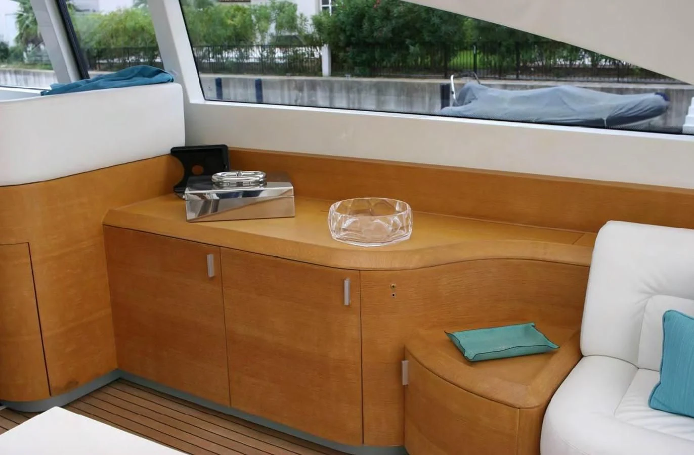 a desk with a computer on it aboard FOX Yacht for Sale