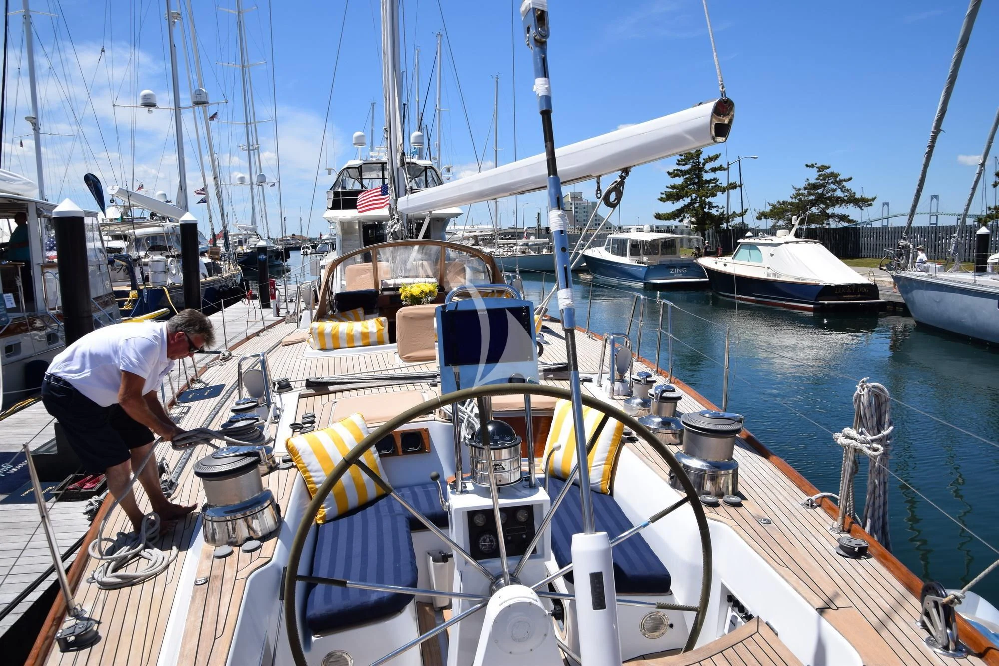 a boat is parked in a harbor aboard LUNA DANNS Yacht for Sale