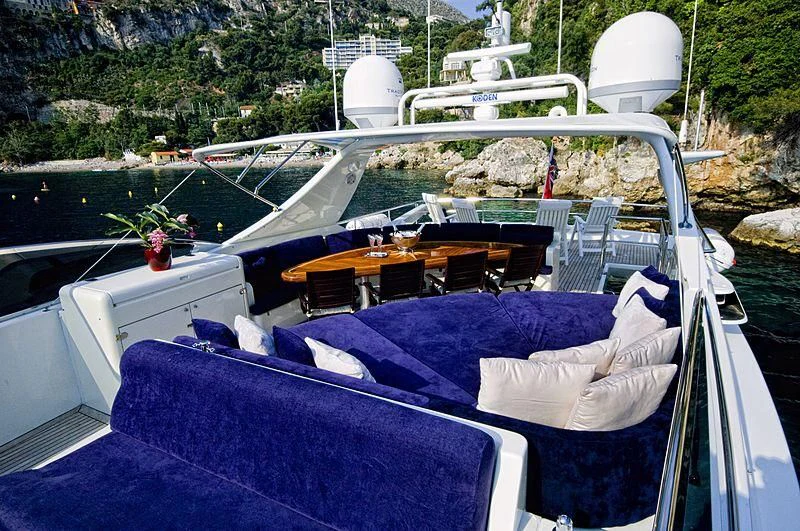 a boat with a table and chairs on it aboard IMPORTANT BUSINESS Yacht for Sale