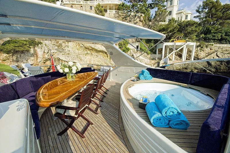 a pool with a table and chairs aboard IMPORTANT BUSINESS Yacht for Sale