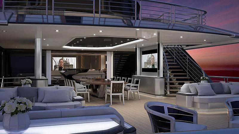 a room with a couch and a table and chairs aboard BLACK SHARK Yacht for Sale