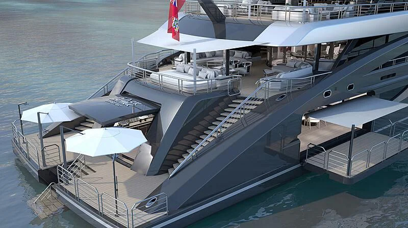a large ship with a flag on the deck aboard BLACK SHARK Yacht for Sale