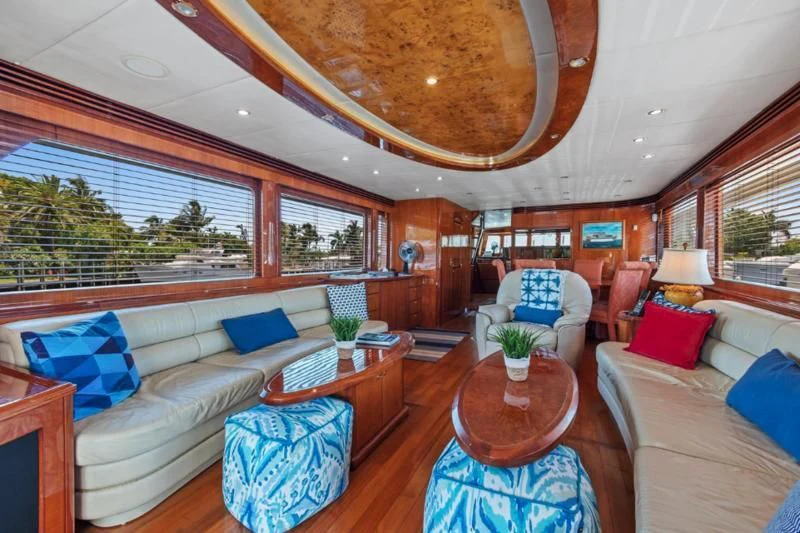a living room with a large ceiling aboard MENTORSHIP IV Yacht for Sale