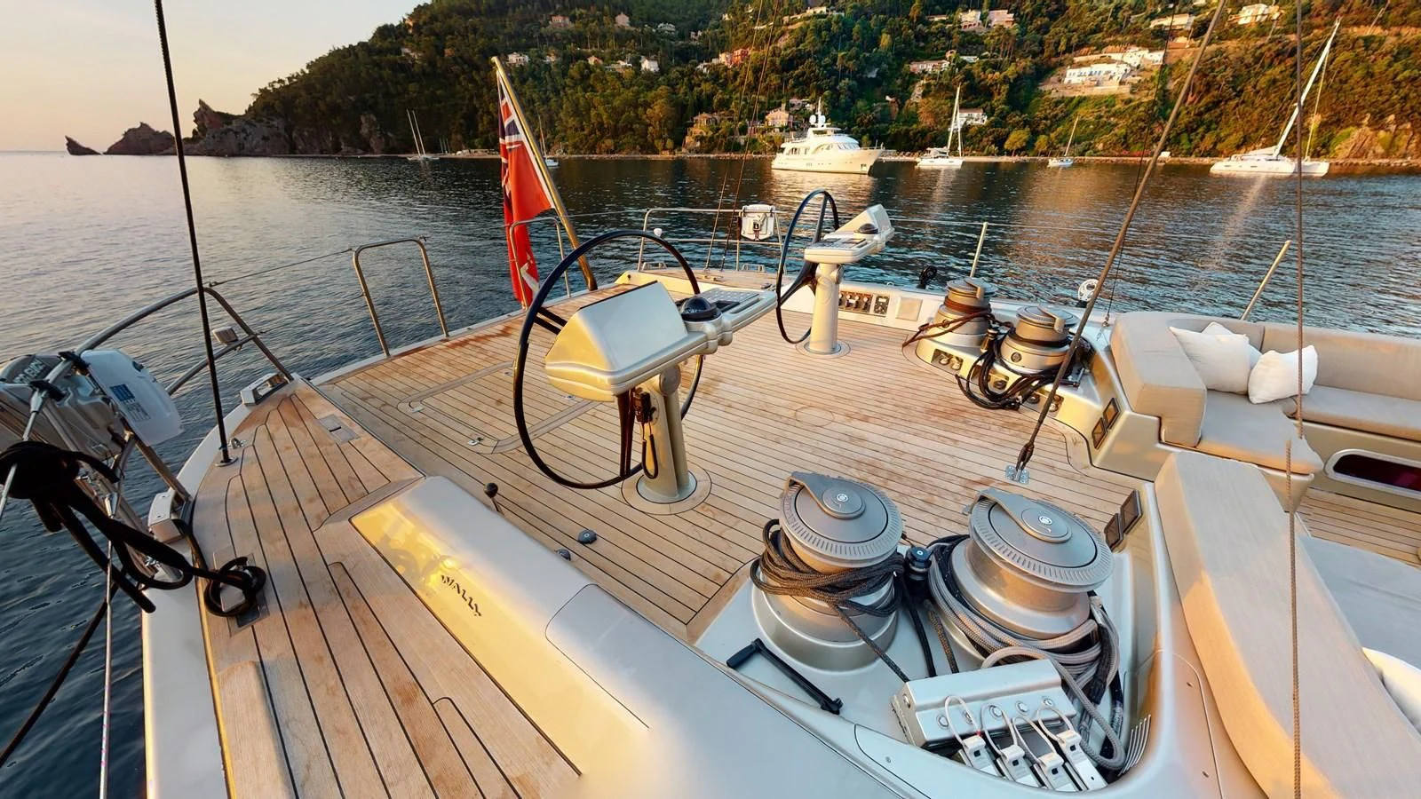 a boat with a drum set on it aboard RUNNING ON FAITH Yacht for Sale