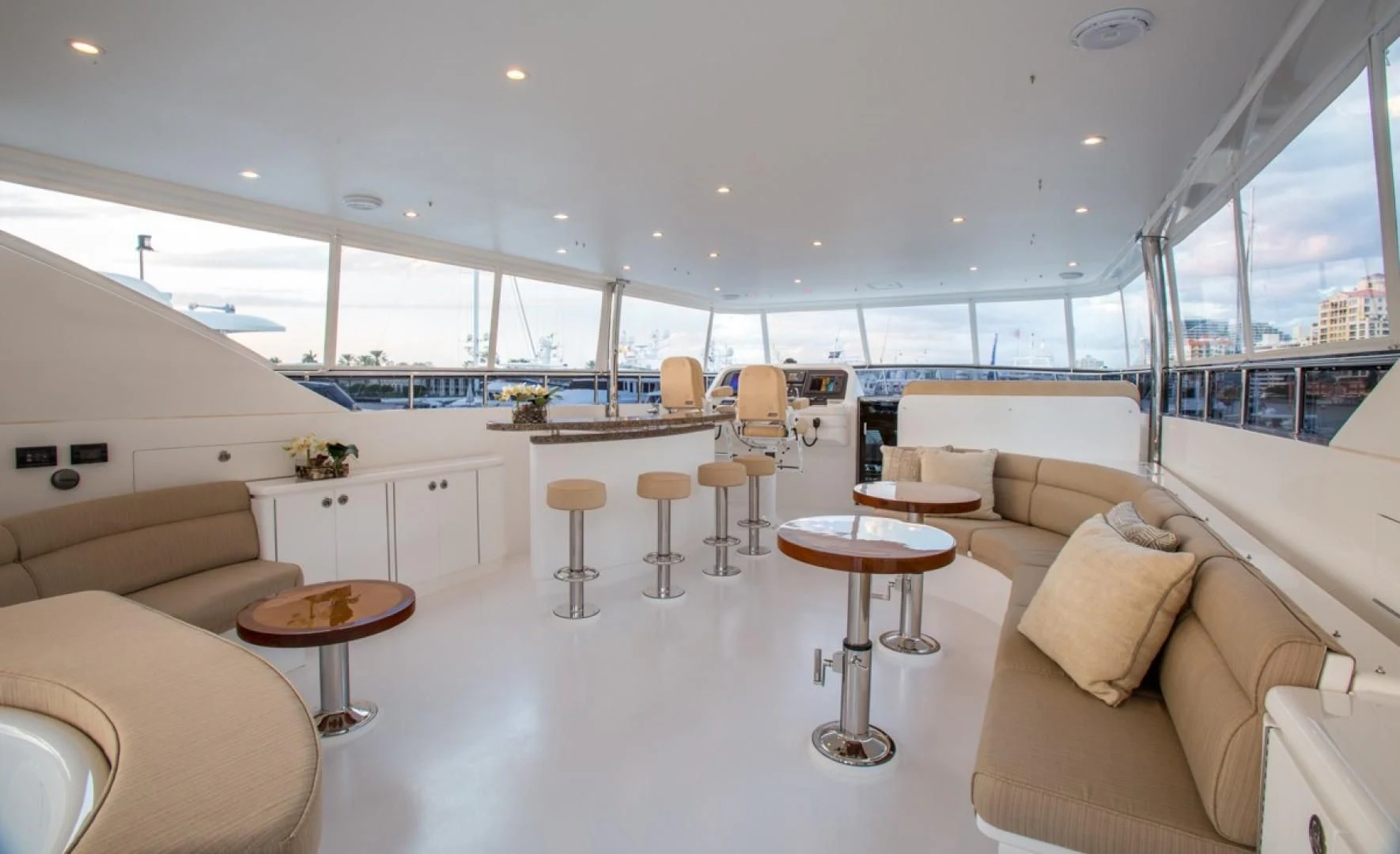 a modern looking living room aboard EBITDA Yacht for Sale