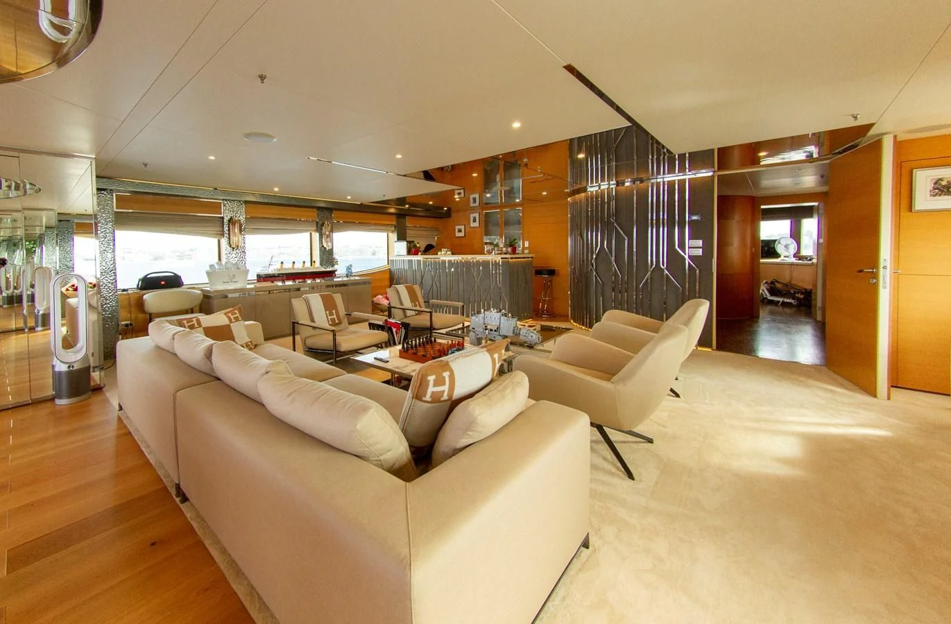 a living room with a large window aboard DARLING Yacht for Sale