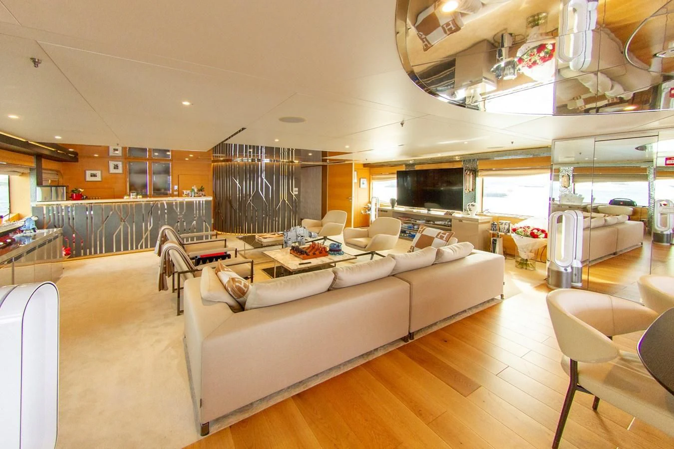 a living room with a large window aboard DARLING Yacht for Sale