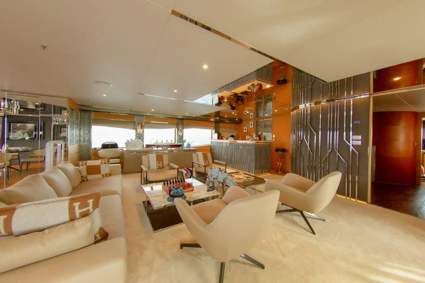 a living room with a large window aboard DARLING Yacht for Sale