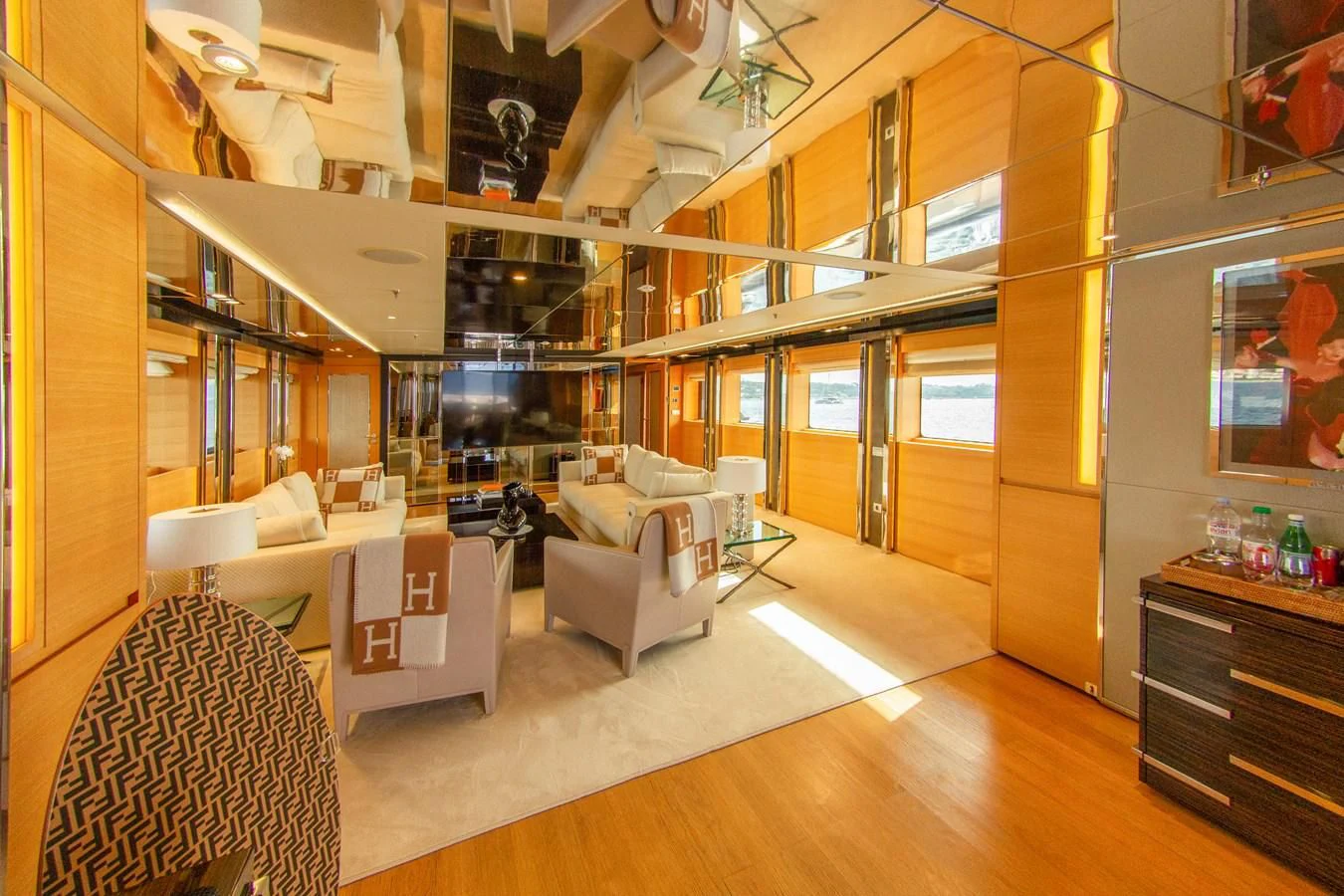 a room with a couch and a table aboard DARLING Yacht for Sale