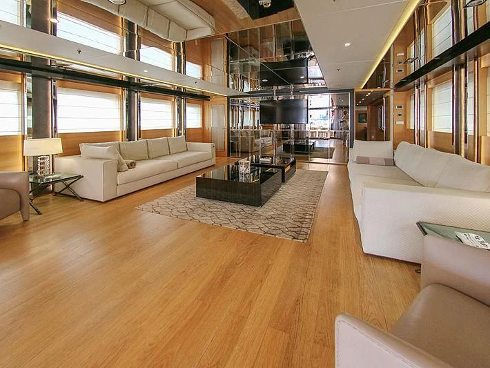 a living room with a large window aboard DARLING Yacht for Sale