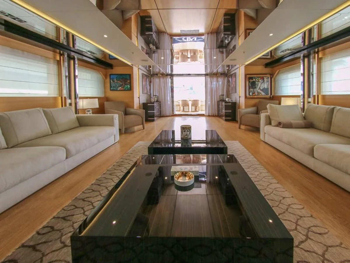 a living room with a large window aboard DARLING Yacht for Sale