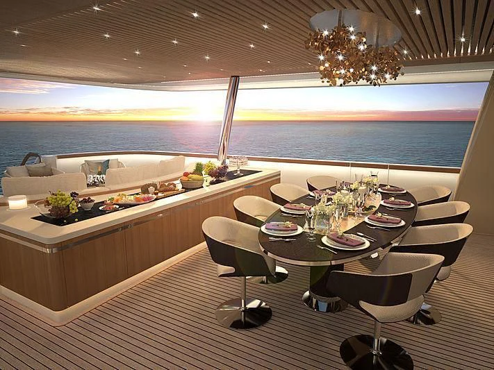 a room with a table and chairs aboard LL Yacht for Sale