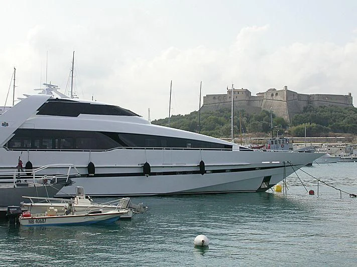 a large white yacht in the water aboard ENTOURAGE Yacht for Sale