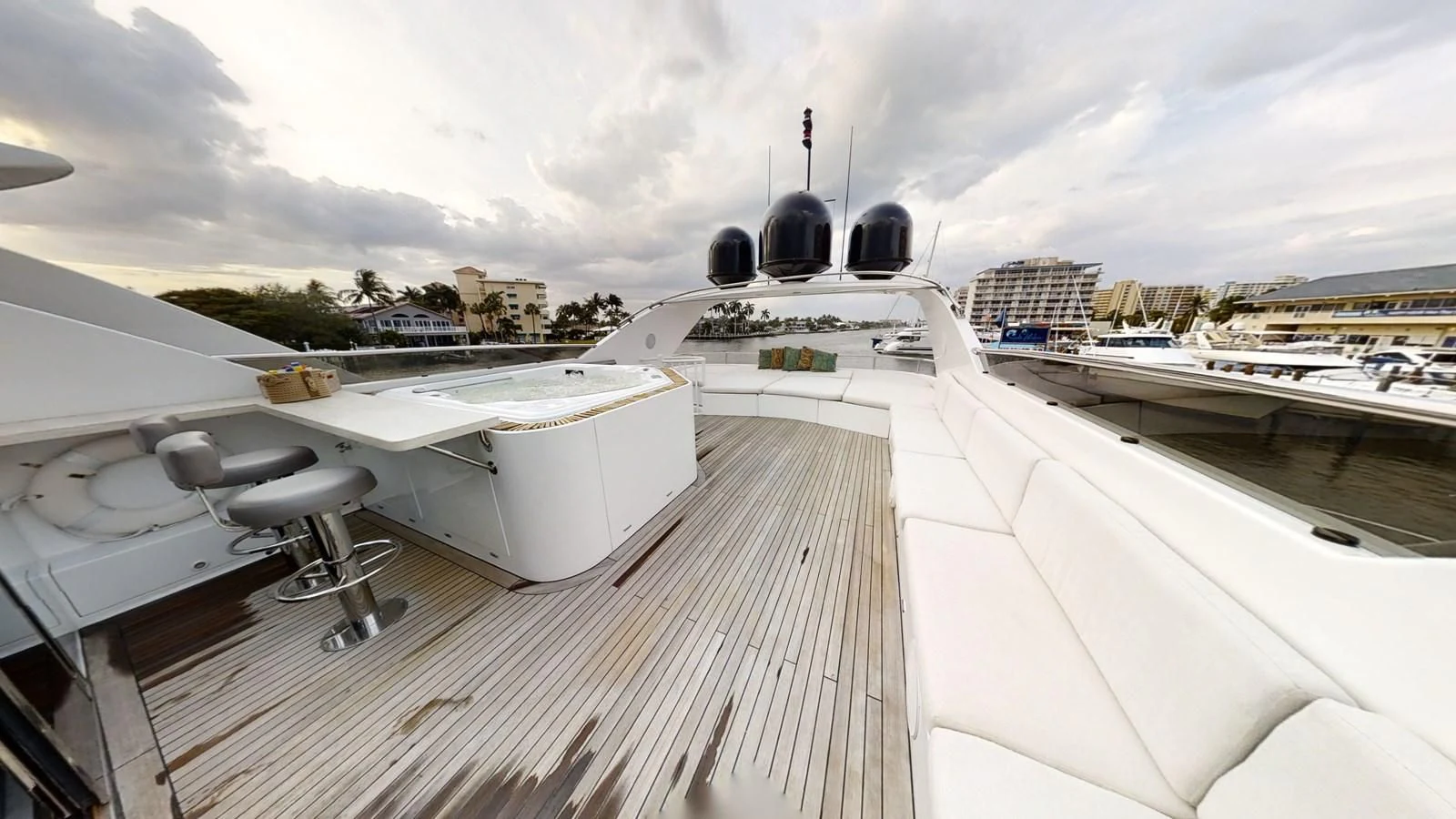 a deck with a large satellite dish on it aboard ENTOURAGE Yacht for Sale