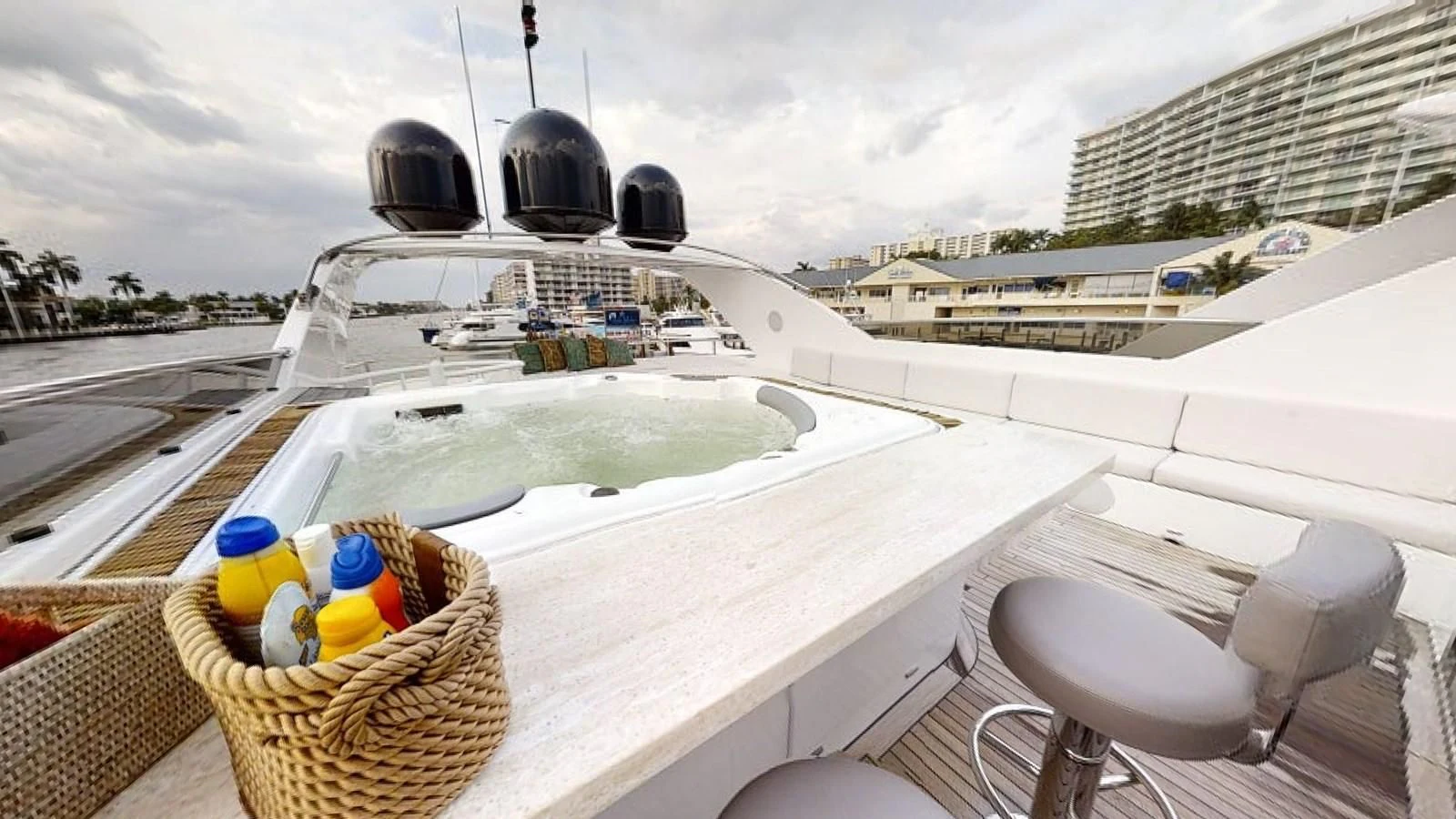 a boat with a basket and a basket on it aboard ENTOURAGE Yacht for Sale