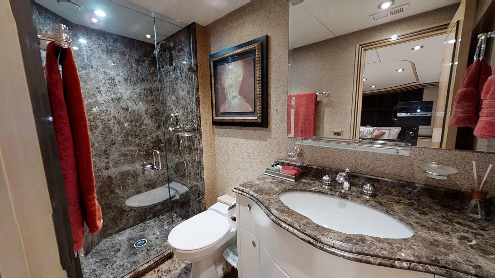 a bathroom with a marble countertop aboard ENTOURAGE Yacht for Sale