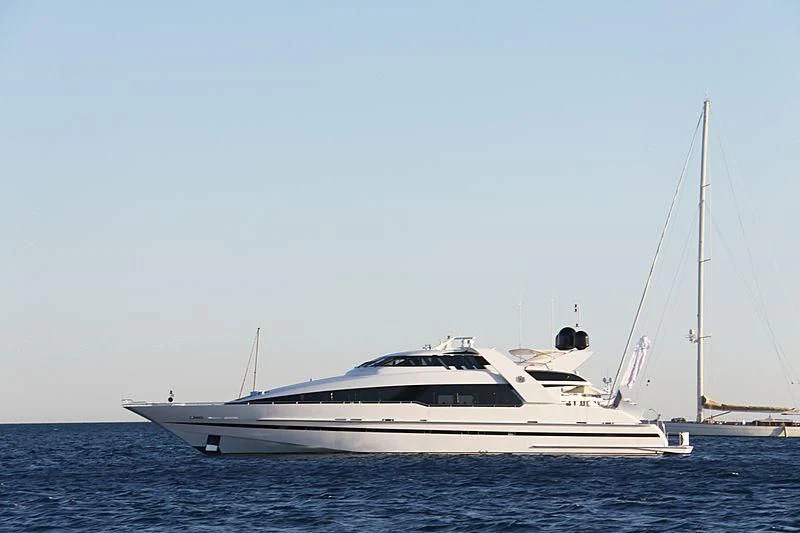 a white boat in the water aboard ENTOURAGE Yacht for Sale