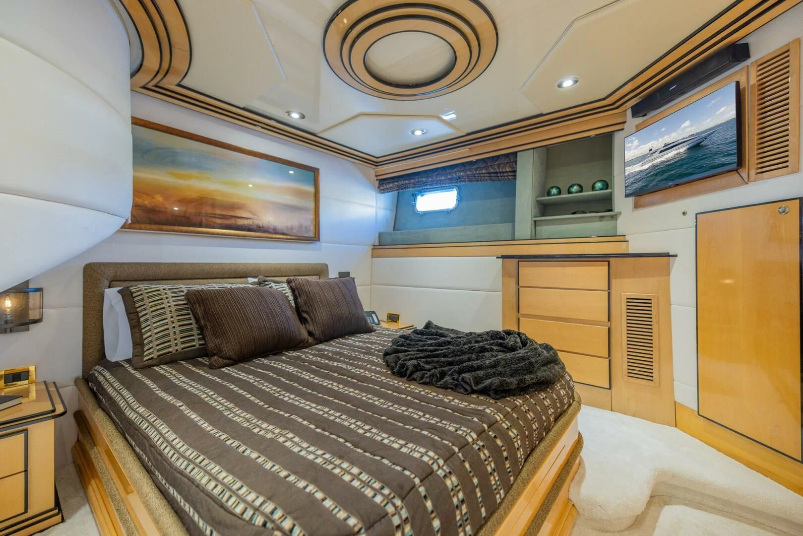 a bed in a room aboard ENTOURAGE Yacht for Sale