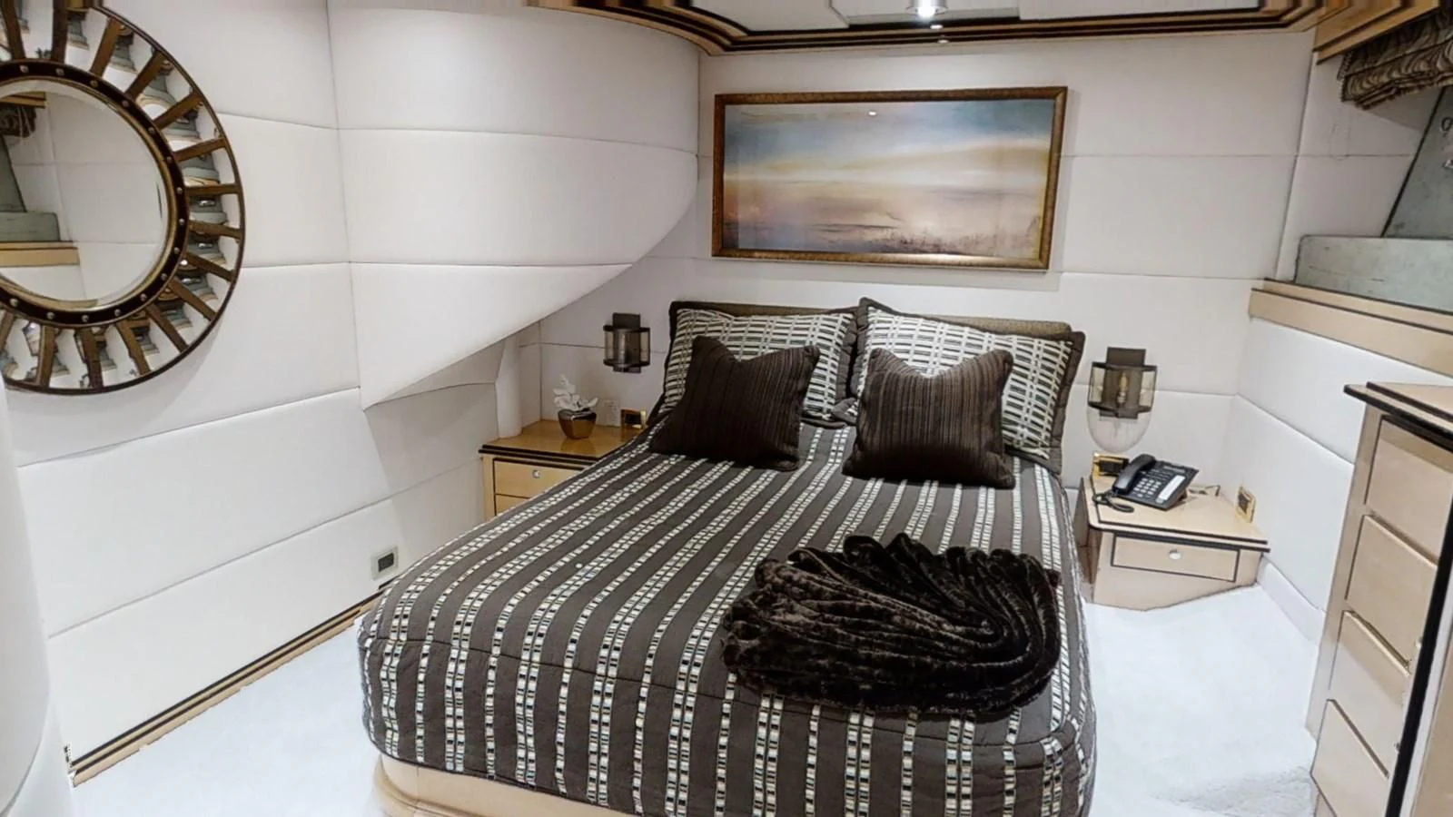 a bed in a room aboard ENTOURAGE Yacht for Sale