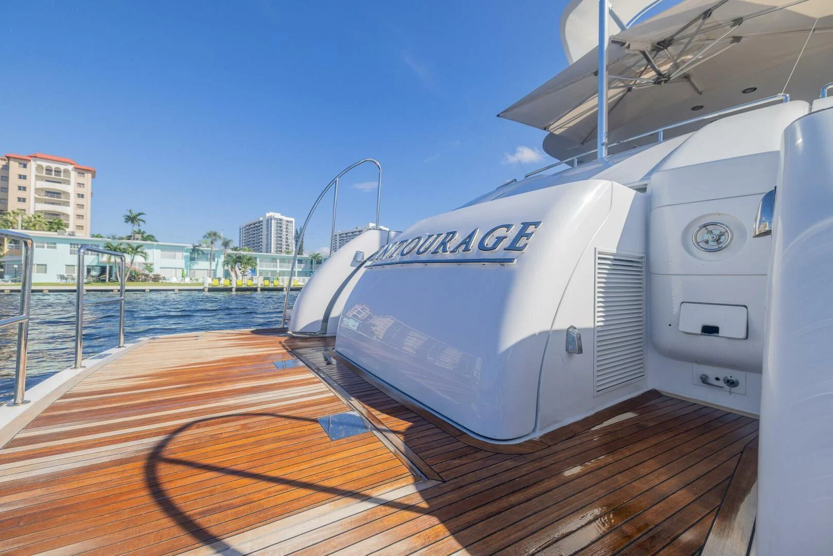 a boat on a dock aboard ENTOURAGE Yacht for Sale
