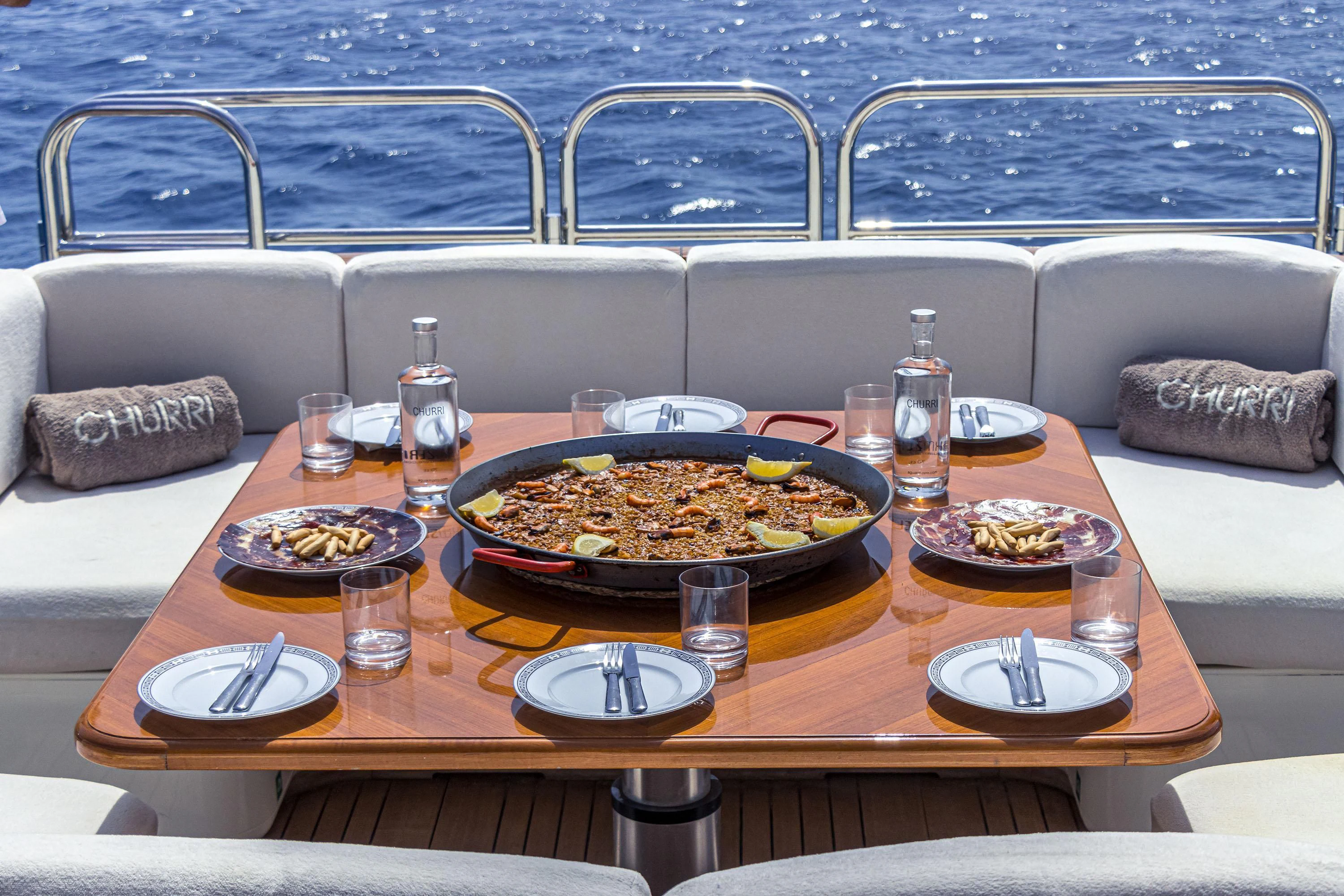 a table with food on it aboard VELOCE Yacht for Sale