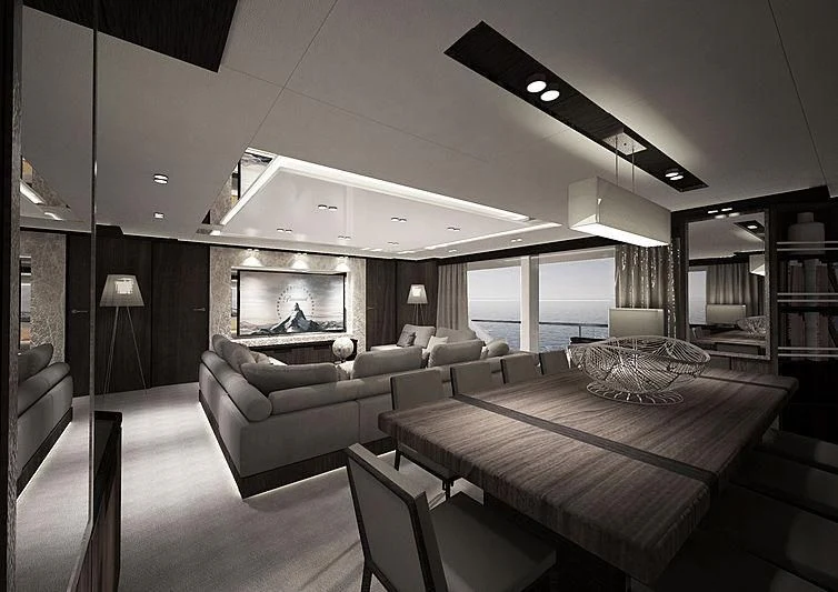 a large living room with a large table and a large window aboard REALE PACIFICO 32#1 Yacht for Sale