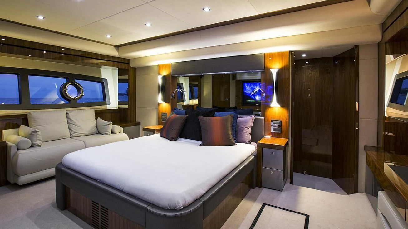 a hotel room with two beds aboard GELATO Yacht for Sale