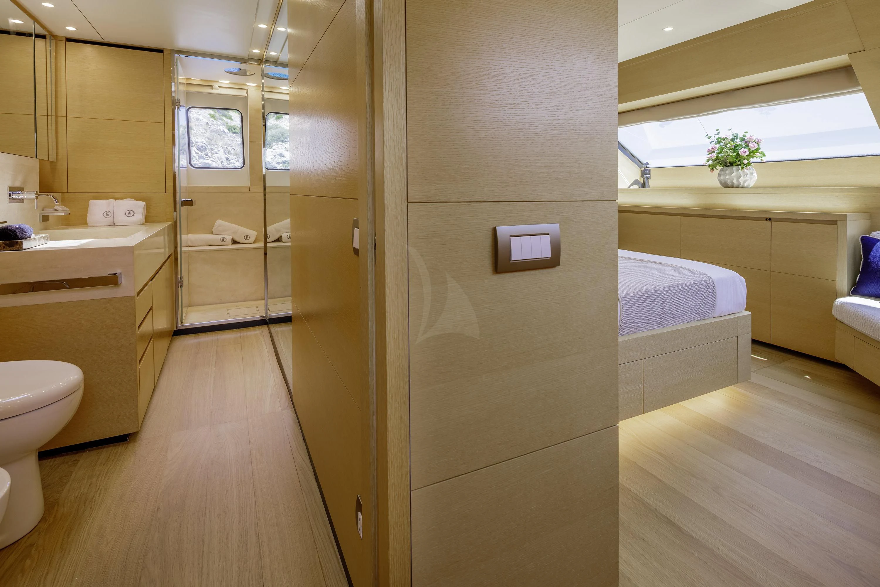 a bathroom with a large closet aboard ELYSIUM Yacht for Sale
