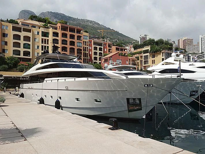 a boat parked on a dock aboard ELYSIUM Yacht for Sale