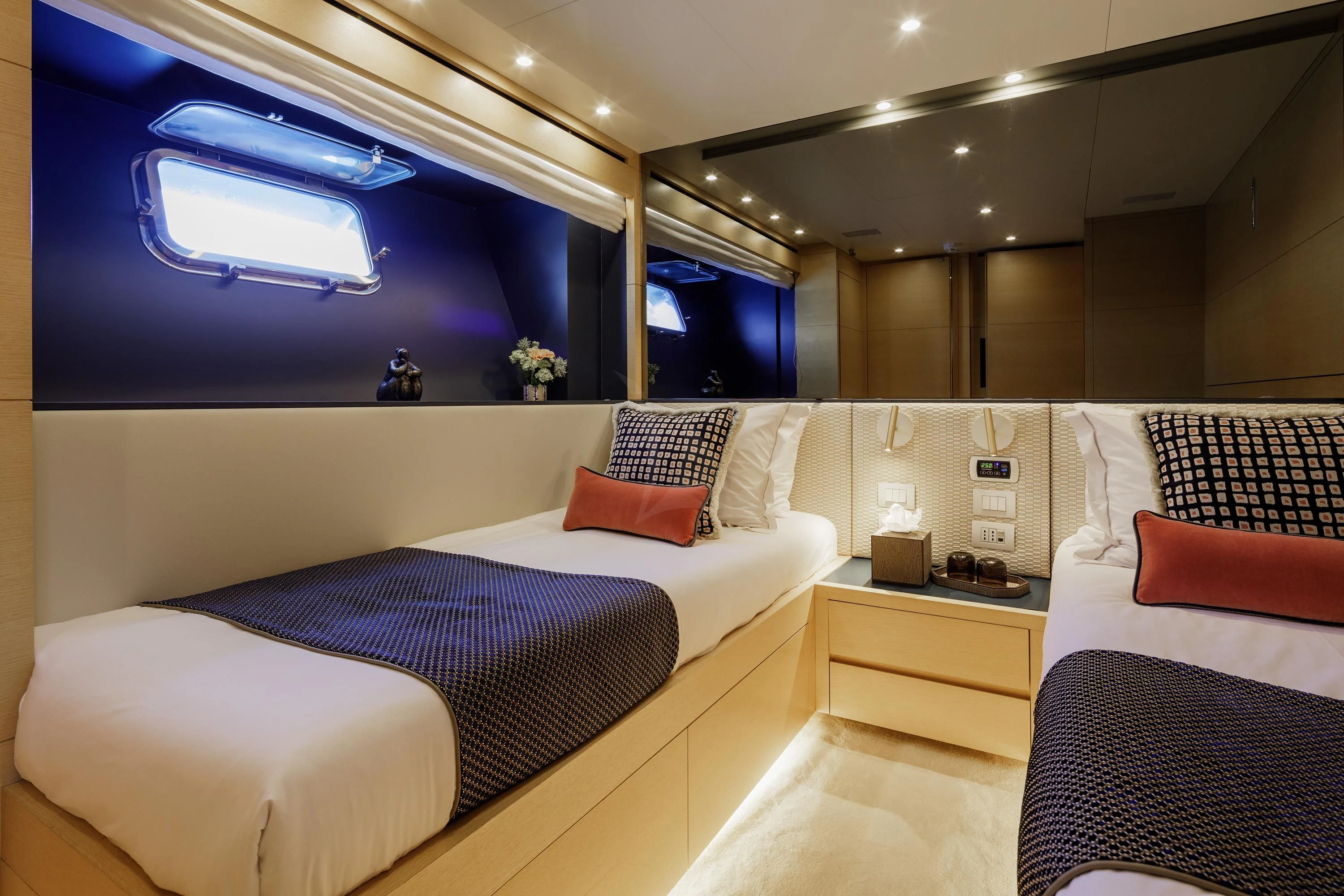 a room with two beds aboard ELYSIUM Yacht for Sale