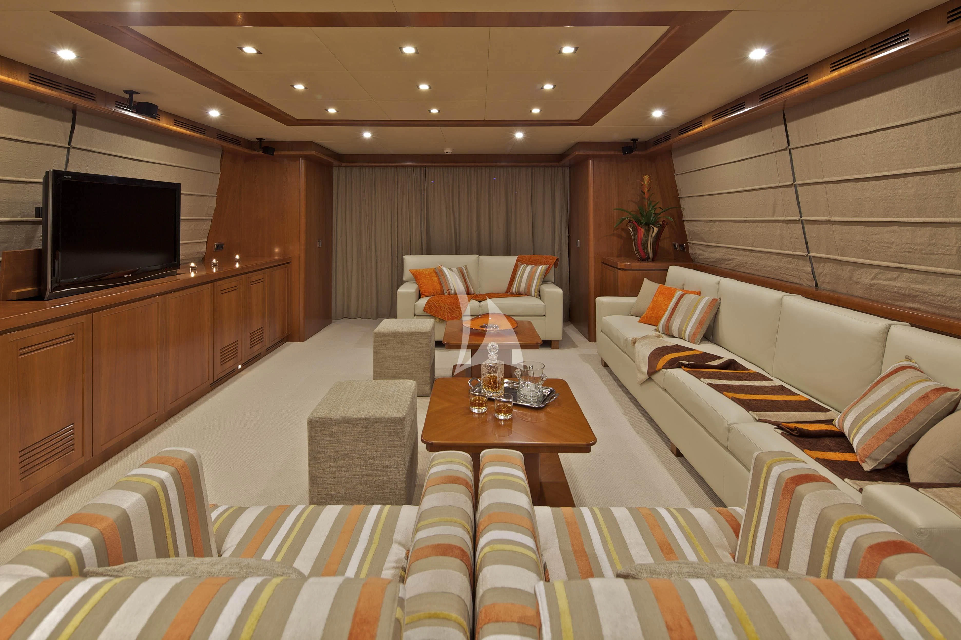 a living room with a large screen aboard HELIOS Yacht for Charter