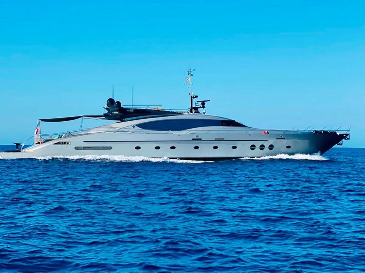 a large white boat in the water aboard ESCAPE Yacht for Sale