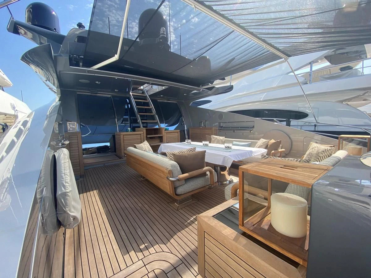 a boat in a large room aboard ESCAPE Yacht for Sale