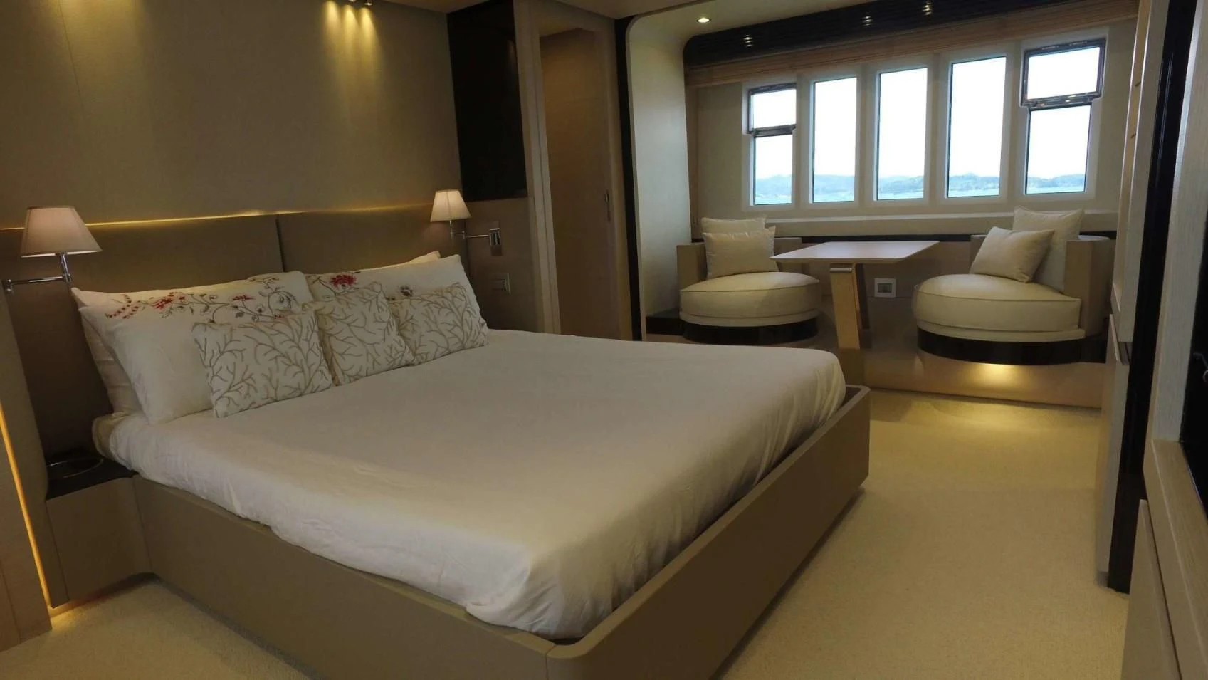 a large bed in a hotel room aboard SOLACE NT Yacht for Sale