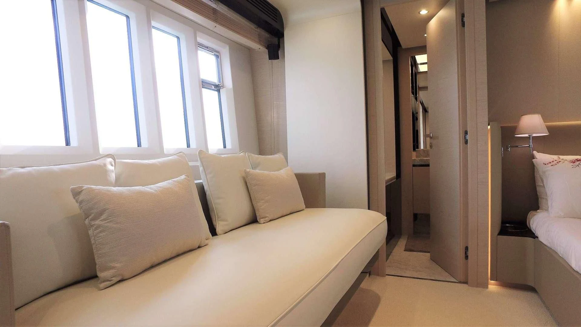 a bed in a room aboard SOLACE NT Yacht for Sale