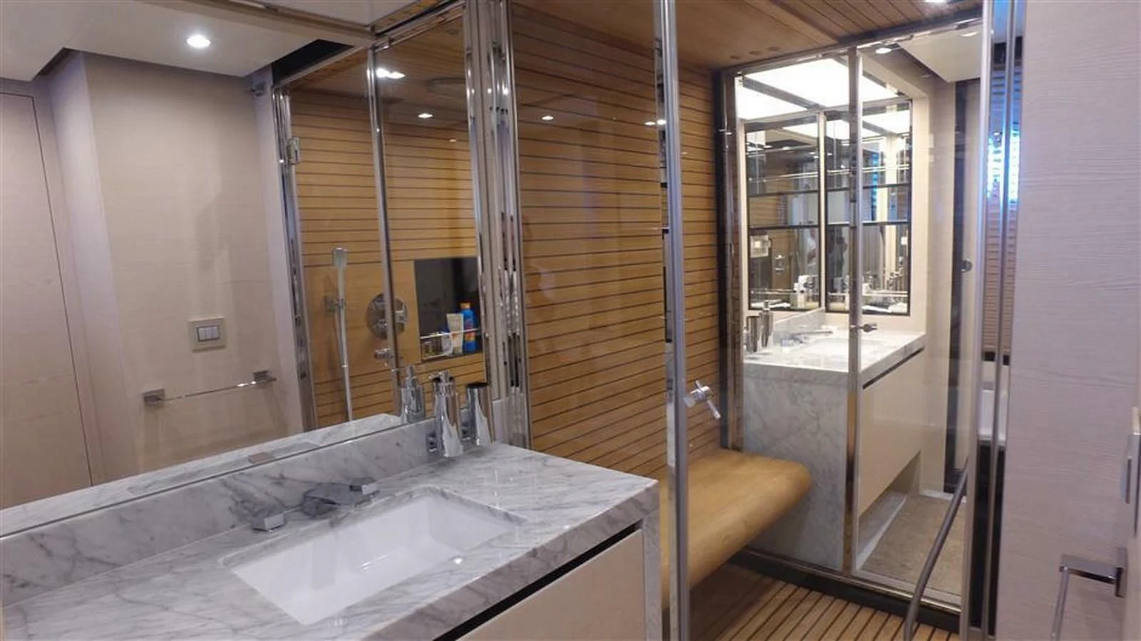a bathroom with a large sink aboard SOLACE NT Yacht for Sale