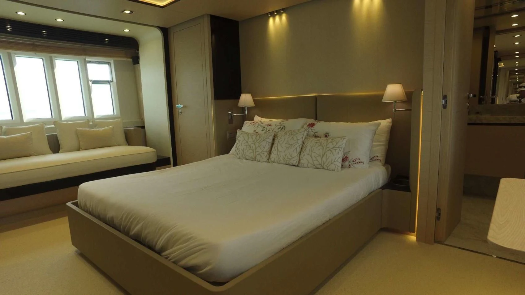 a bed in a room aboard SOLACE NT Yacht for Sale