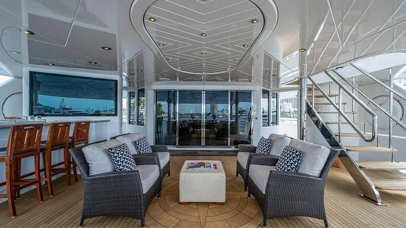 a living room with a large glass window aboard NIGHT HOWL Yacht for Sale